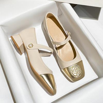 Весенние цветные женские туфли на среднем каблуке с плоской пряжкой и квадратной головкой 2024 года во французском стиле