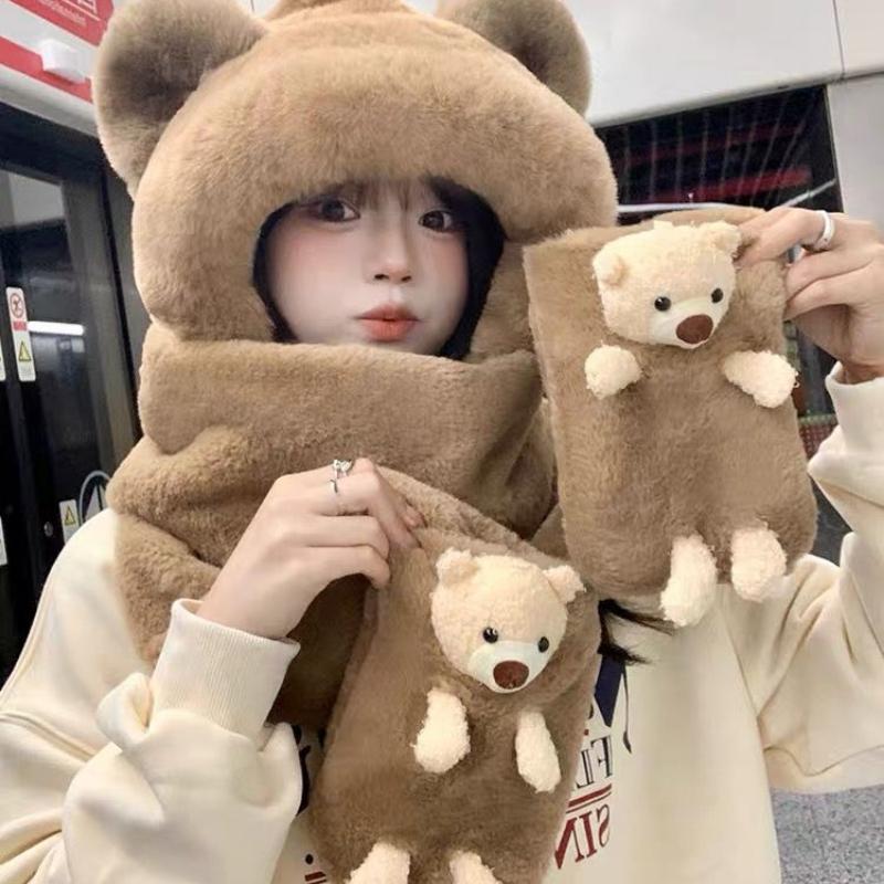 Шапка-медведь Зима Осень Зима Милые перчатки Шарф Плюшевый теплый комплект из трех предметов Нагрудник с капюшоном Защита ушей