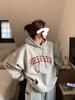 Grey Retro Letter Hooded and Velvet Sweatshirt for Women's Autumn and Winter New Loose Hoodie Top