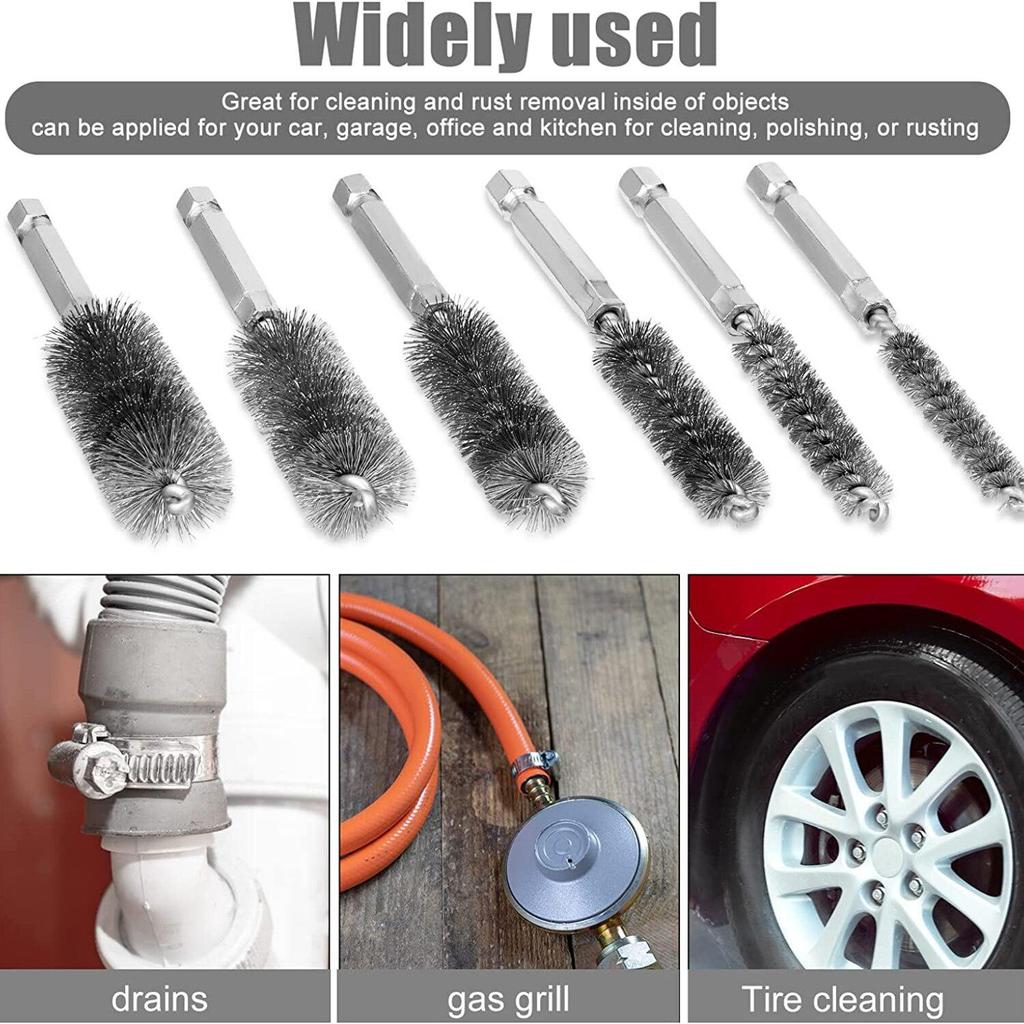 6PCS/Set Steel Wire Brush Twisted Wire Stainless Steel Cleaning Brush With Handle 1/4 Inch Hex Shank For Power Drill Impact Driver