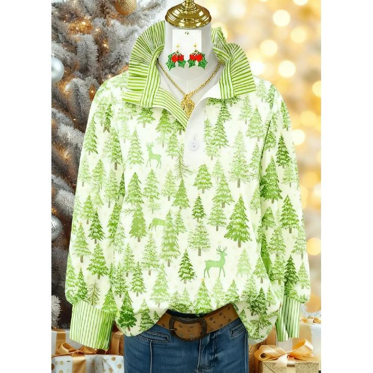 Женская блузка в ретро-рождественский узор - отложной воротник, длинный рукав, свободный повседневный силуэт, праздничный топ с принтом елки, подходит для осени/зимы