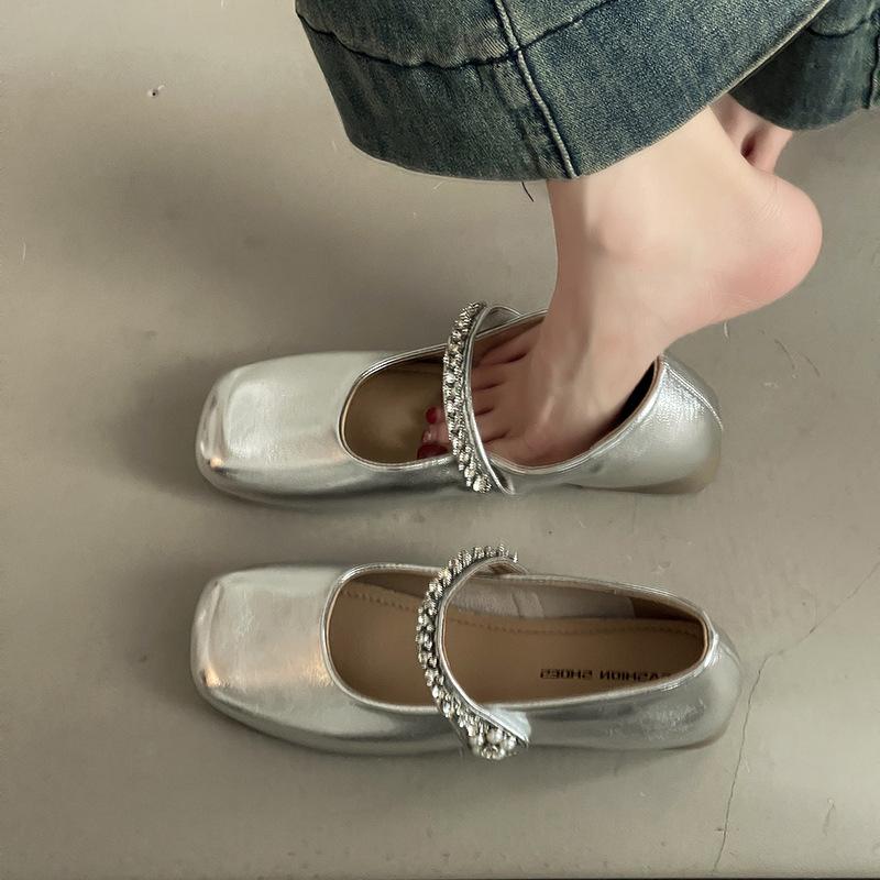 Versatile Casual Leather Shoes Square Head Rhinestone with Mary Jane Shoes Women's Summer Fashion Rhinestone Buckle Evening Single Shoes