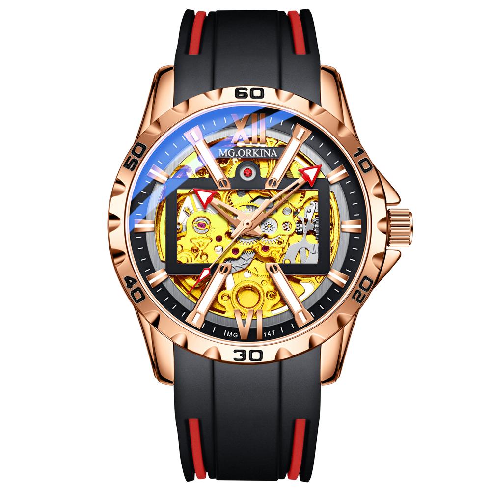 ORKINA Sports Outdoor Automatic Watch for Men Luminous Hands Gold Skeleton Mechanical Watches Luxury Brand Rubber Strap Clock