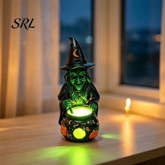 Scary Witch Cauldron Ornament Halloween Lamp Figurine, Resin Witches Lighted-Up Festival Party Table Decor Cauldron, Supplies Shelf Fireplace