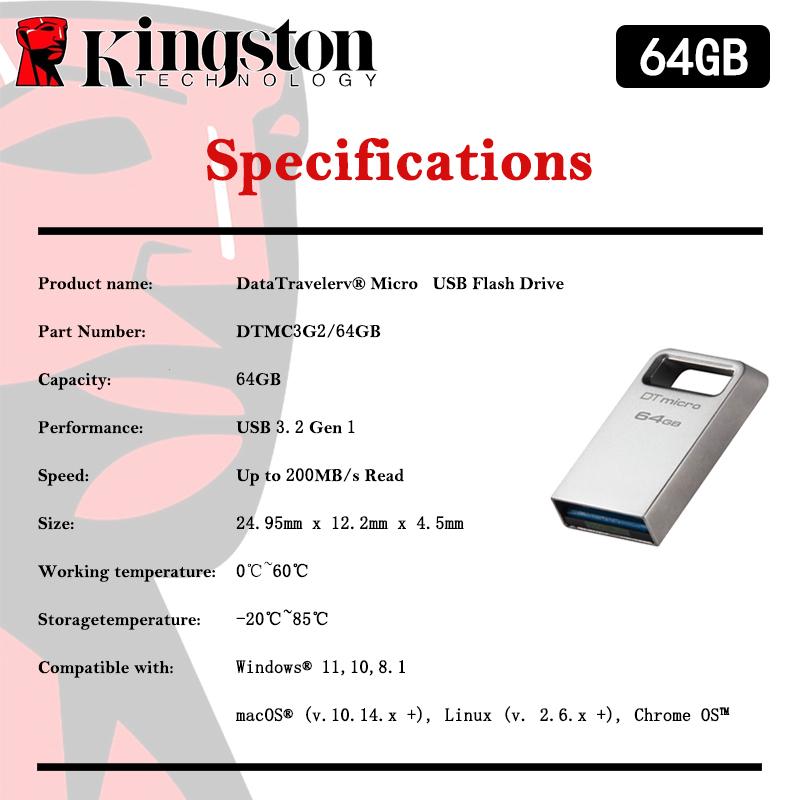 Kingston 128G Mini Metal Pen Drive USB3.2 Memory Stick 64GB/128GB/256GB DTMC3G2 USB Flash Drive 200Mb/s Car U Disk Silver Pendrive Ultra-Small Premium