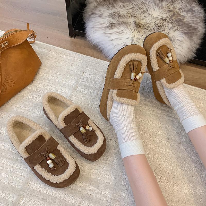 Doudou Shoes Winter Velvet 2025 Autumn New Soft Sole One Pedal Comfortable Retro Snow Cotton Warm Loafers Women