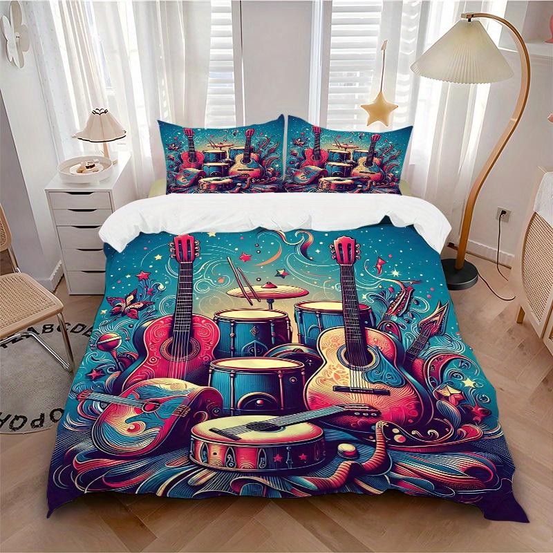 3pcs Music Instruments Bedding Cover Set, Fashion Classic Popular Print Bedding Set, Soft Comfortable, All - Season Use, For Bedroom, Guest Room127