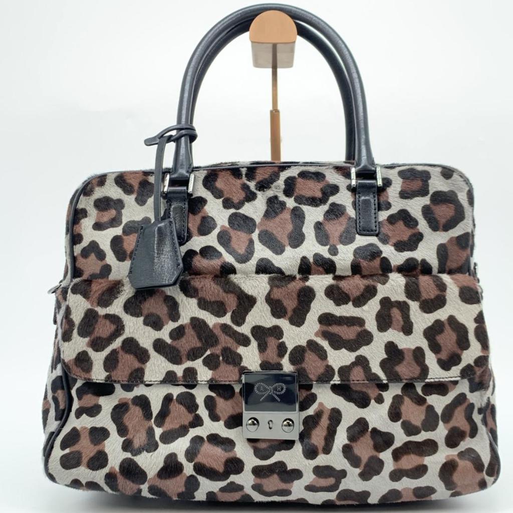 ANYA HINDMARCH Carker Unborn Calf Leopard Print Handbag Boston Bag Leather Grey Brand Tassel A4 Capacity Women's Logo Plate