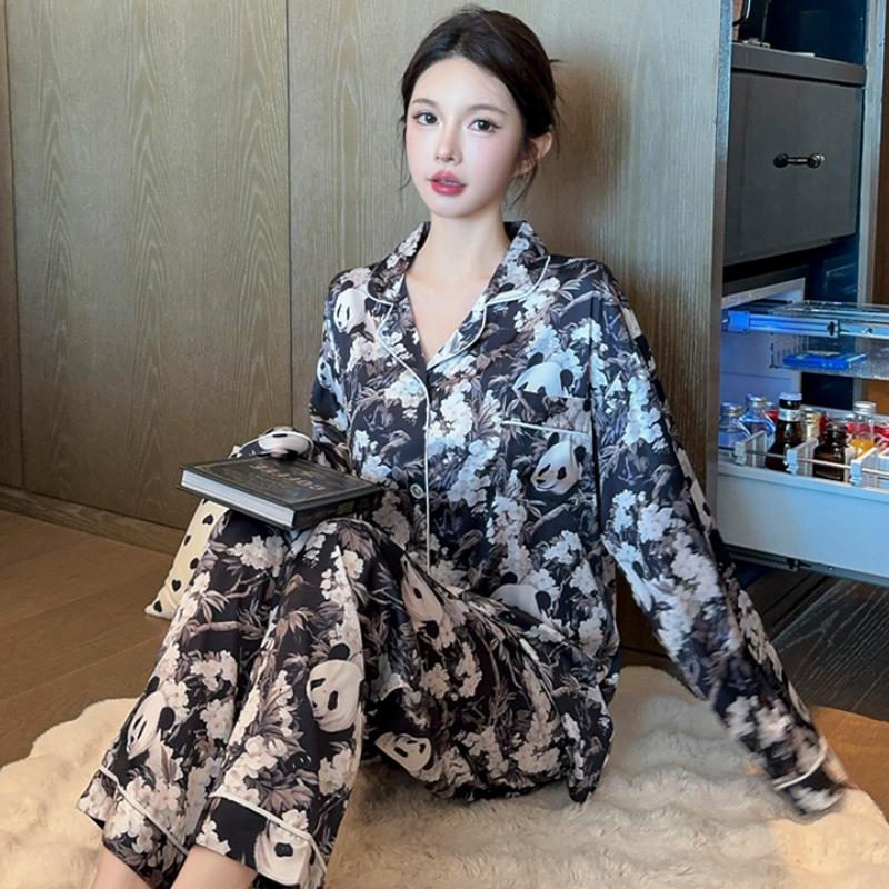 Chinese Style Retro Black Panda Print Women's Pajamas Art Classical Elegant White Flower Spring Autumn Pajamas