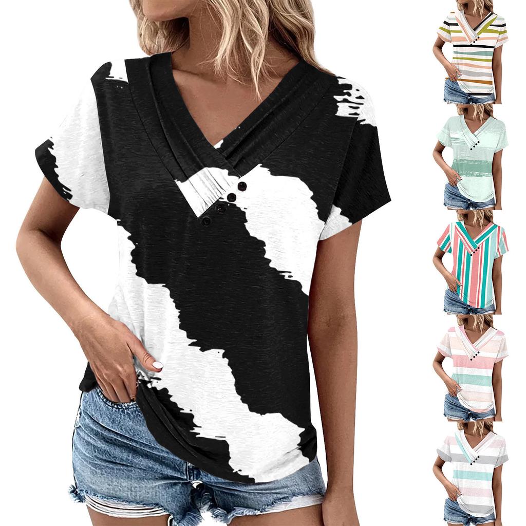 Summer Tops For Women Floral Pattern For Women V-Neck Short Sleeve Comfy Womens Tops Oversized Tshirts