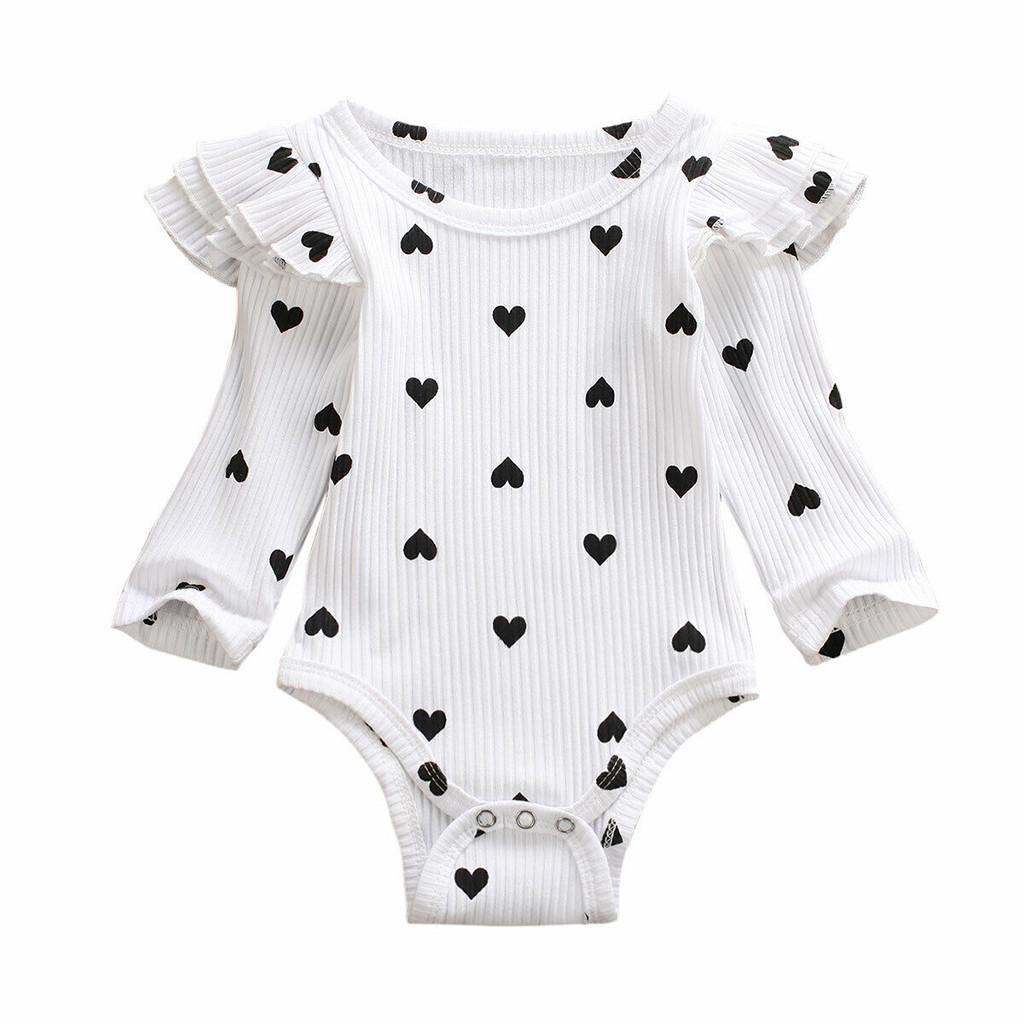 Infant Newborn Baby Girls Valentine's Day Heart Print Ruffles Romper Bodysuit