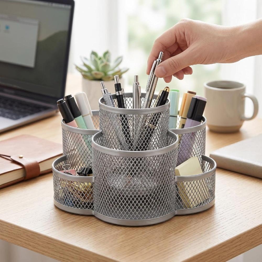 Silver Metal Makeup Brush Holder Multi Grid Desk Storage Bucket Craft Supplies Storage