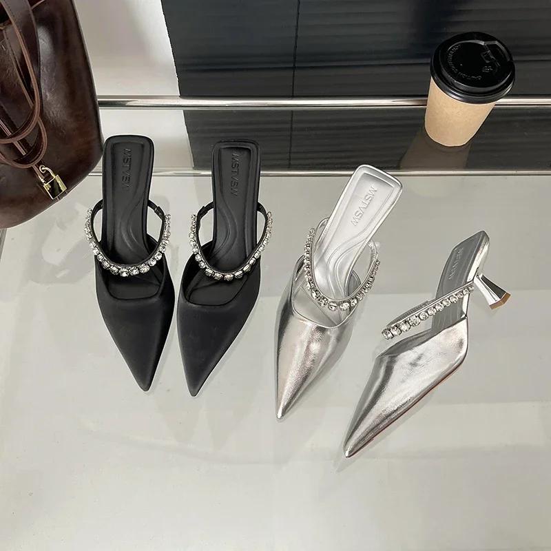 Туфли на высоком каблуке со стразами, женские черные туфли-лодочки, элегантные современные босоножки на каблуке, остроносые туфли-шпильки для вечеринок