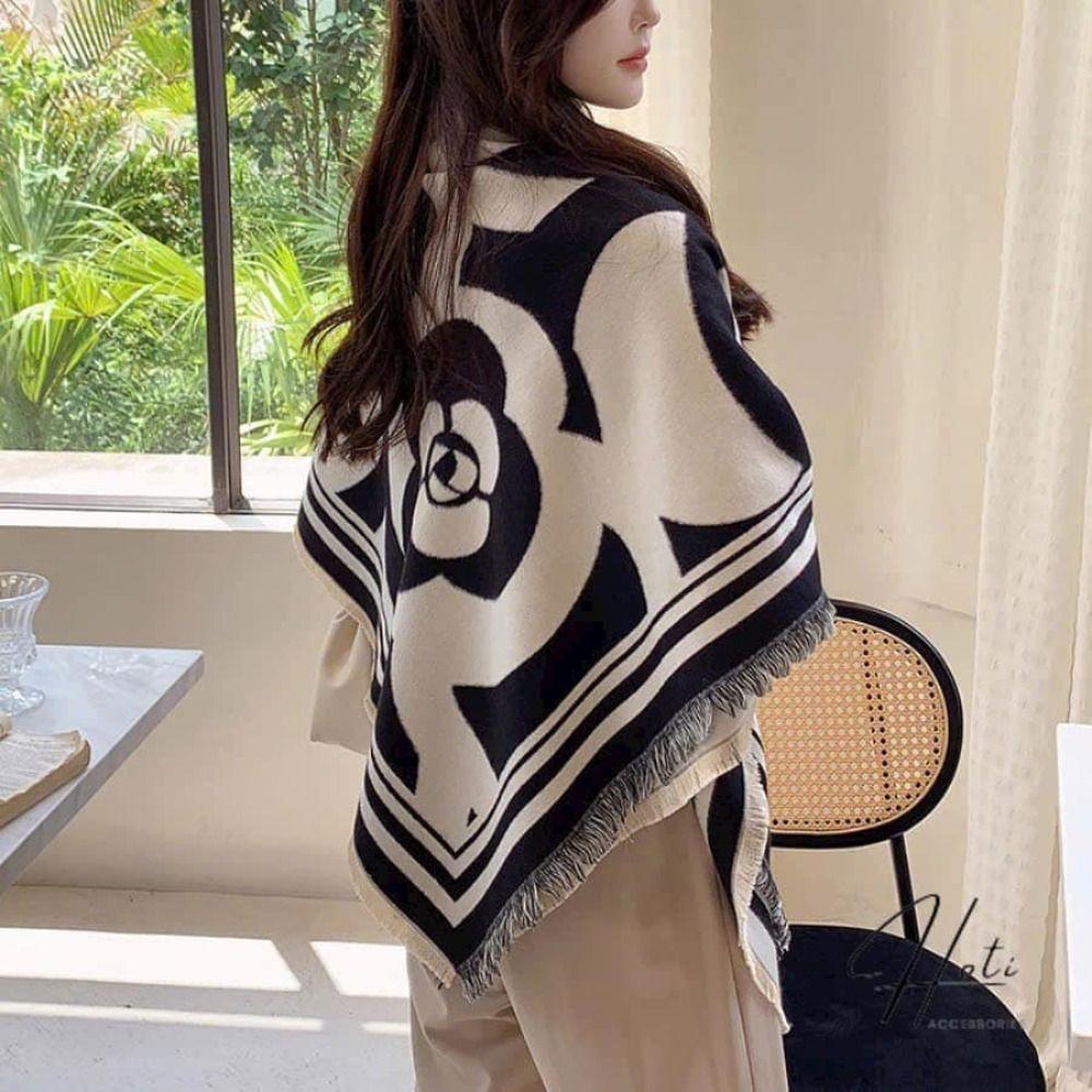 Black White Printed Scarf Camellia Large Wool Shawl Elegant Winter Cashmere Scarves Girl