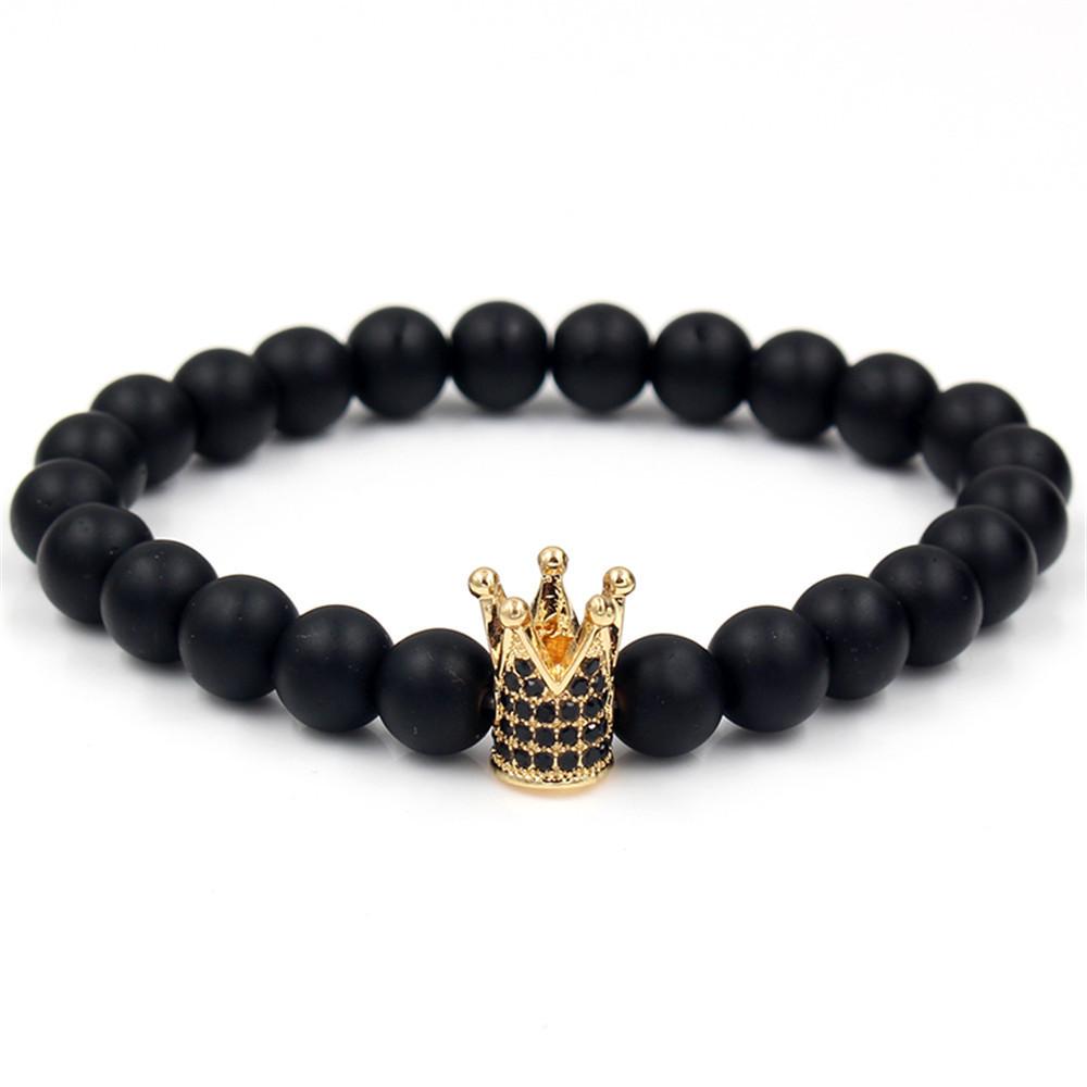 Men's black matte lava stone bracelet, point diamond crown, beaded long strip, high-end three-piece set, stacked wearing set, bracelet.