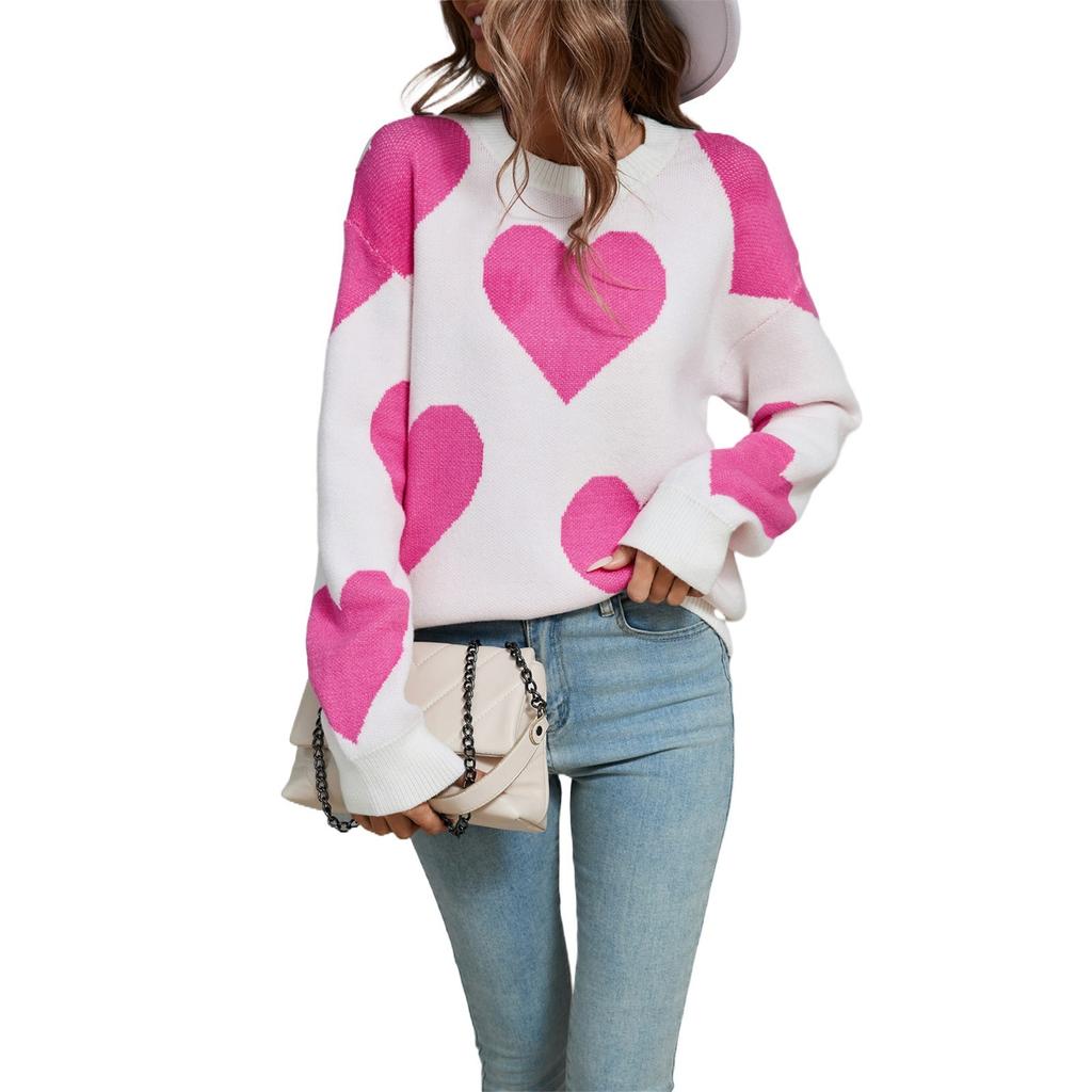 Женский свободный повседневный модный свитер с круглым вырезом и сердечком, вязаный свитер-рубашка