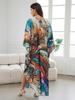 EDOLYNSA Cozy Plus Size Kaftan Boho Printed Swimsuit Coverup For Women Summer Hand-knit V Neck Short Sleeve House Dress Loose Beachwear Q1588