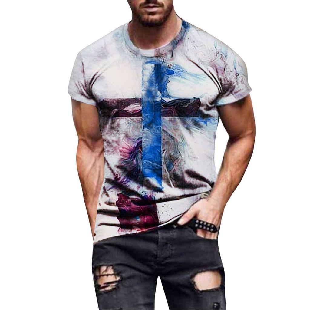 Men's Street Fashion Casual Cross Print Round Neck Short Sleeve