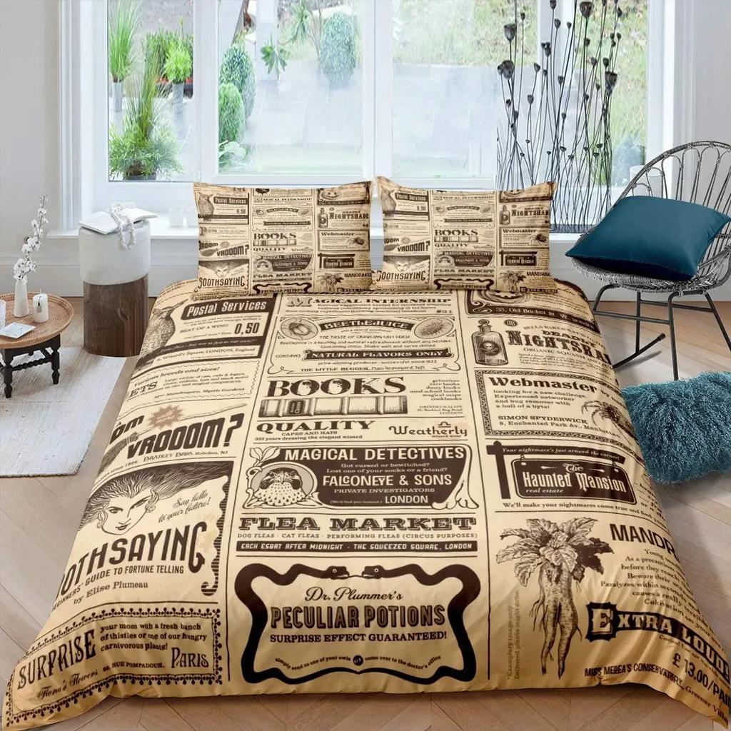 Old Newspaper Duvet Cover Set Vintage French Bedding Brown Quilt Cover for Boys Girls Teens Polyester Comforter Cover