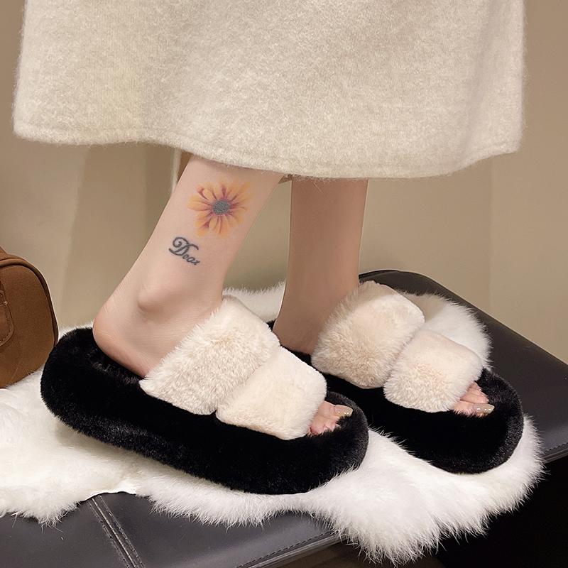 Модные женские пушистые шлепанцы с открытым носком Весна&Осень - Плюшевые домашние тапочки для помещений, Уютная нескользящая обувь для спальни для дам& пар