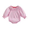 Toddler Baby Girl Smocked Romper Bow Embroidery Round Neck Long Sleeve Bubble Jumpsuit