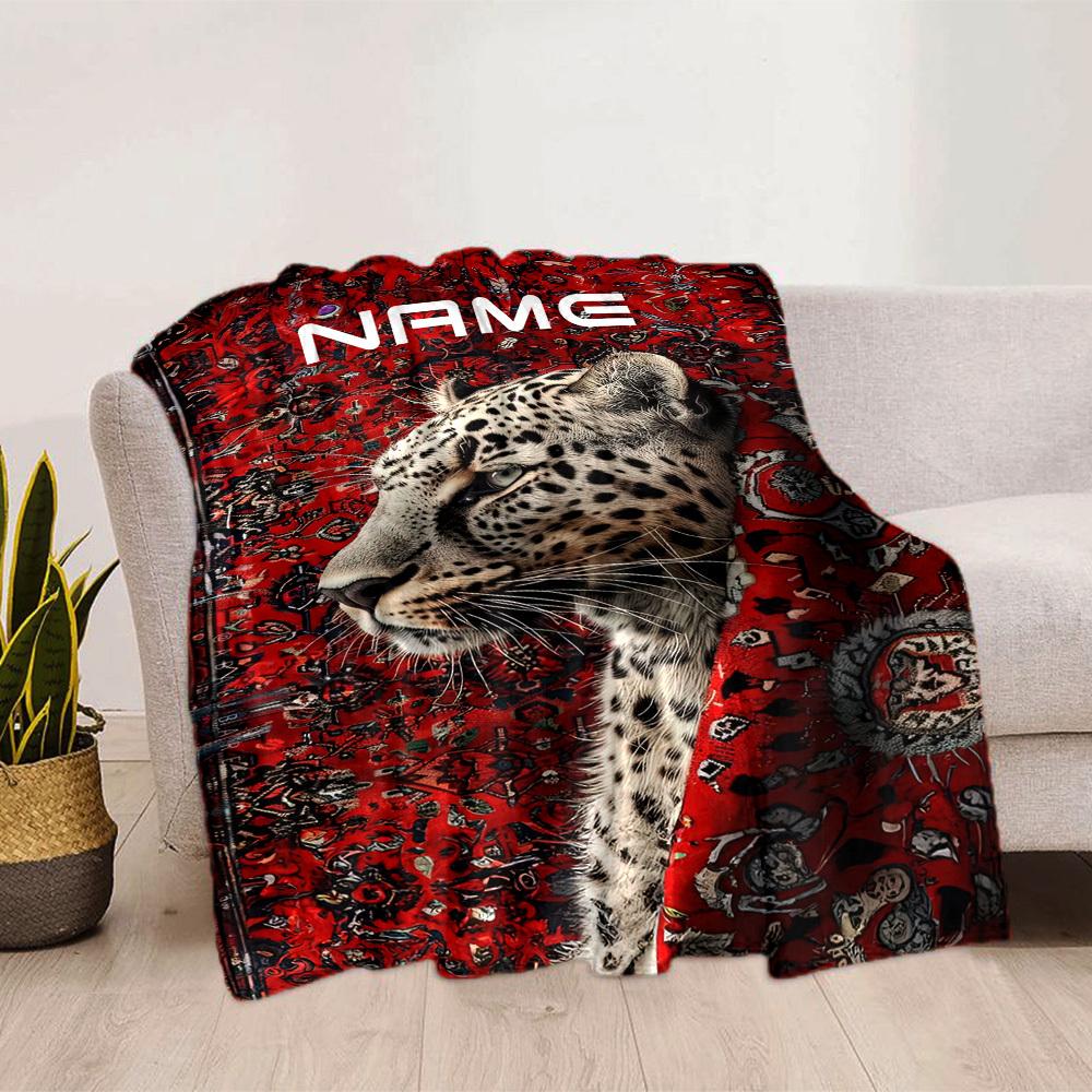 Home Customize Your Name Blankets Leopard On Red Carpet Pattern Comfortable Soft Lightweight Allseason Multipurpose Blanket For Picnics Sofas Offices