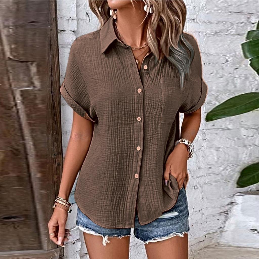 Женские рубашки на пуговицах с коротким рукавом, повседневная рубашка с воротником, свободные блузки, однотонные топы с карманом