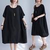 2022 Summer Plus Size Women's Black Round Neck Short Sleeve Loose Cotton Linen Dress