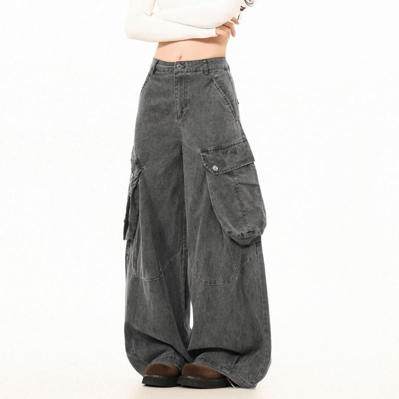 Unisex Vintage Workwear Cargo Pants Loose Wide Leg Streetwear Trousers With Side Pockets Cotton