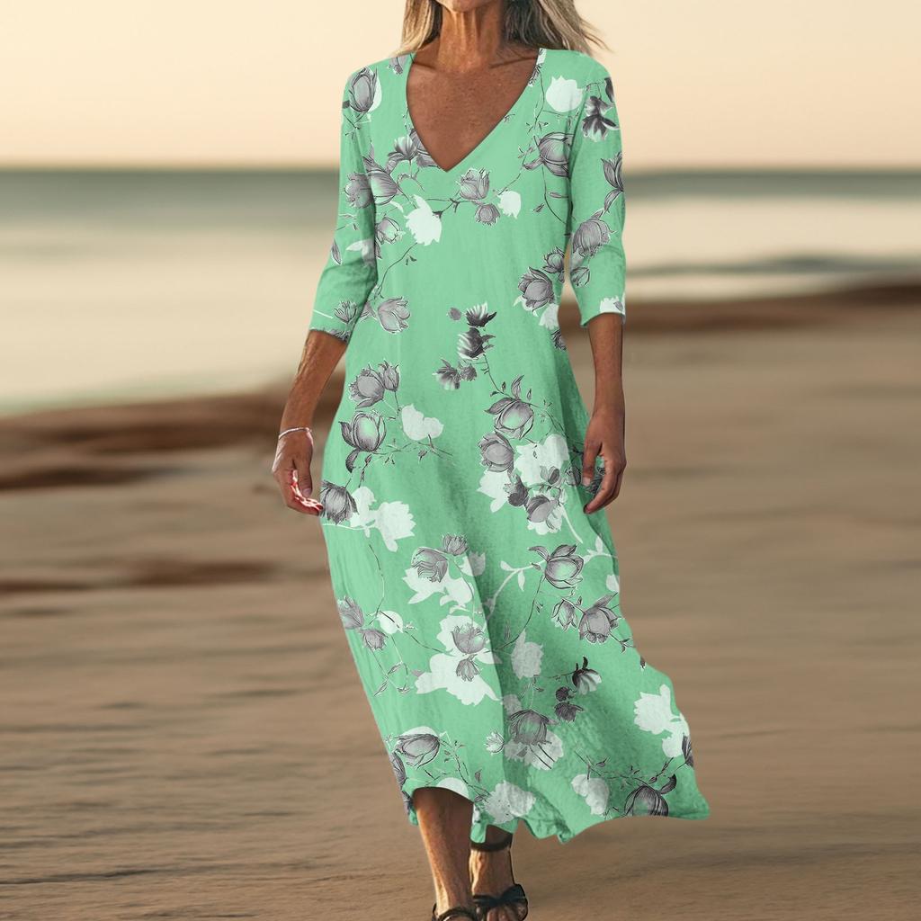 Платья для женщин Винтажный принт Туника с завышенной талией Миди-платье Летнее повседневное Платье с рукавом 3/4