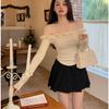 Coquette Beige Crop T-shirts Women Y2k Fairycore Ruffles Mesh Patchwork Long Sleeve Tops Korean Style Slim Corset Tees