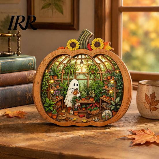 Autumn Pumpkin Table Decor Halloween Ghost Wooden Tabletop Ornament, 2D Flat Cute Reading Bathing Fall Harvest Home Decoration Watering Plaque