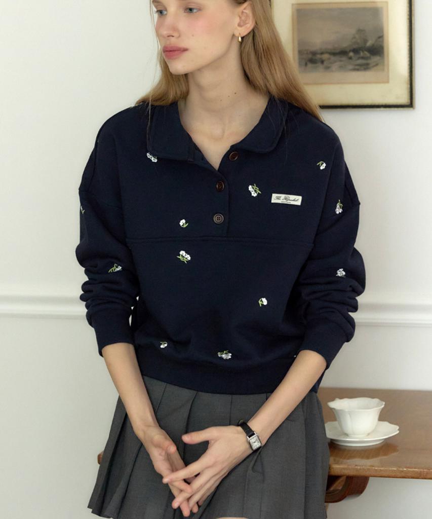 OURHOPE Margaret Embroidery Button-Down Sweatshirt - Navy
