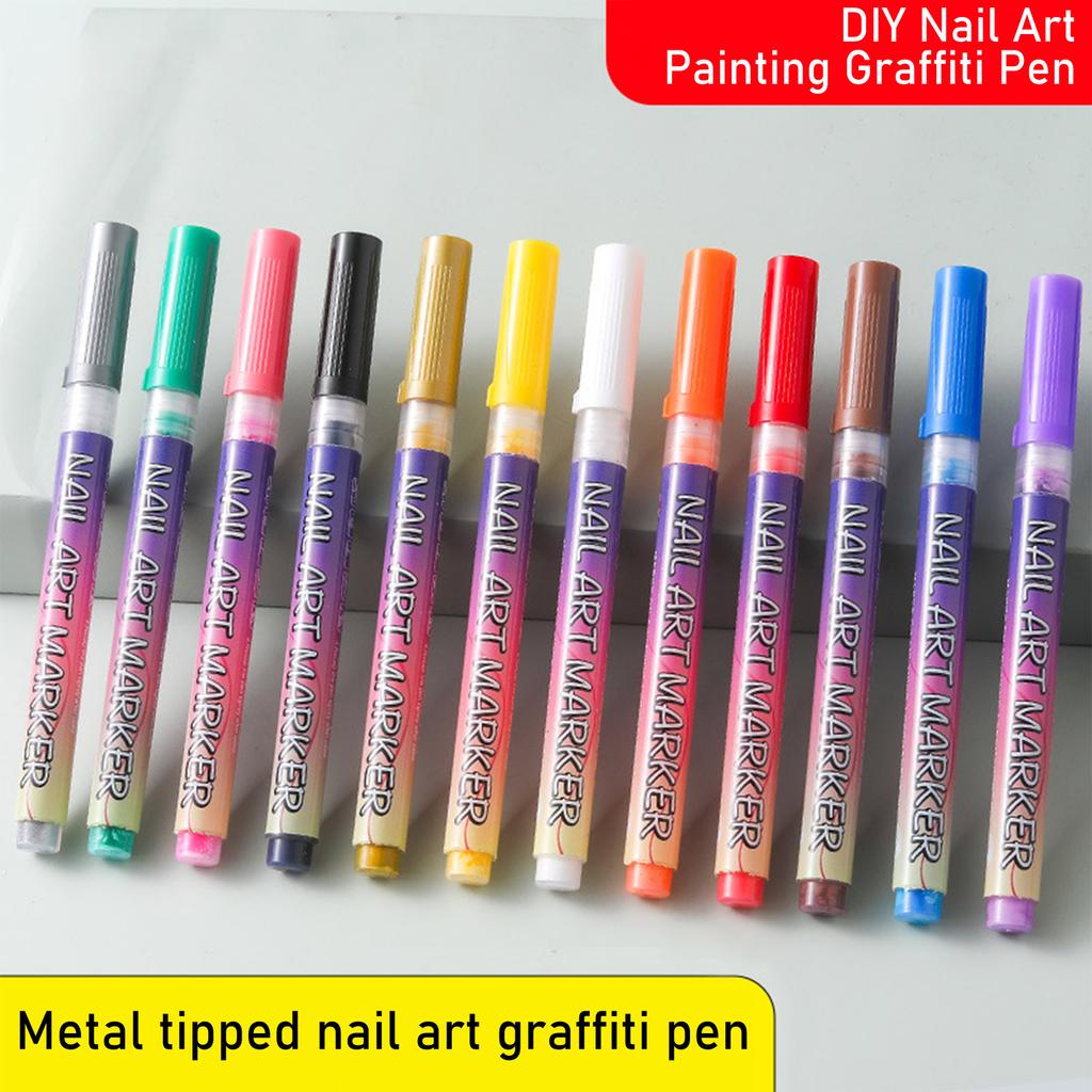 Nails Art Marker Set 0 5mm Fine Tip Nail Drawing Pen Water-Based Quick Dry Solid Color Nail Art Drawing Tools for DIY Nail Decoration 12 Pieces