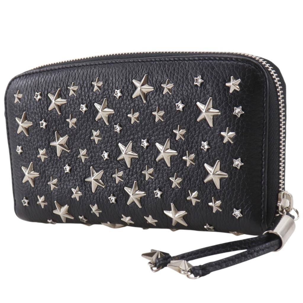 JIMMY CHOO Zip Around Purse Star studs black leather/Rhinestone Women Used