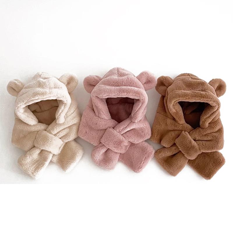 Зимняя детская шапка, шарф, цельная детская шапка из искусственного меха, теплая шапка с ушками в виде медведя из мультфильма для мальчиков и девочек, ветрозащитные шапочки, детские вещи