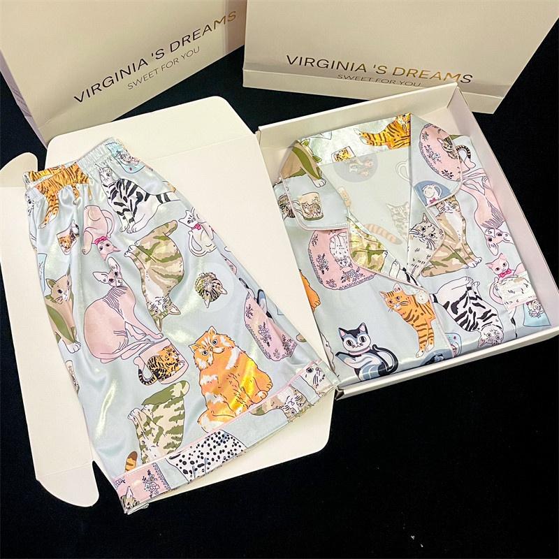 Летняя новинка, женская милая атласная шелковая пижама с цветочным принтом, короткий рукав + брюки, женская шелковая милая домашняя одежда, повседневная одежда