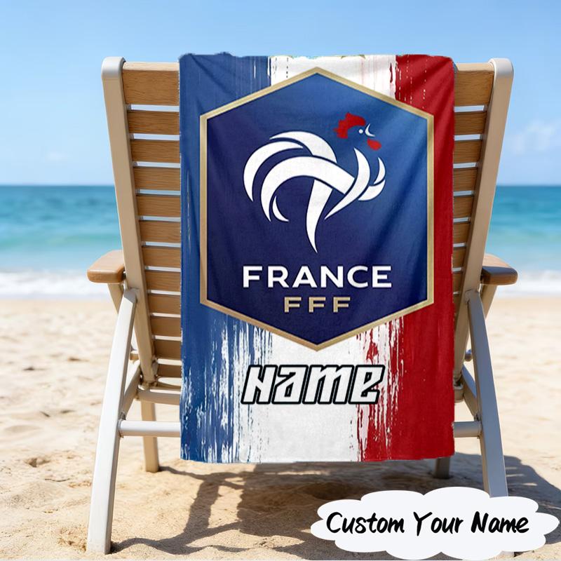 1PC Custom Name Beach Towel France Football Crest Beach Towel, Suitable for Camping, Travel, Beach Accessories, Super Absorbent, Family Gift