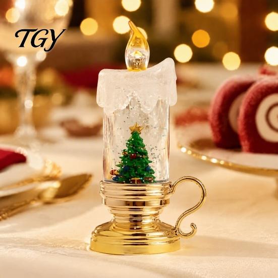Cozy Living Room Lighting Christmas Night Light, Flameless LED Water Filled Candle Lamp with Vintage Style Home Decor Falling Snow, Tabletop