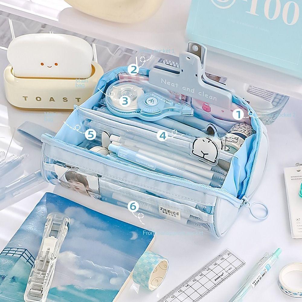 8 LAYERS Pen Bag Transparent Window Stationery Organizer Portable Pencil Case Student Gift