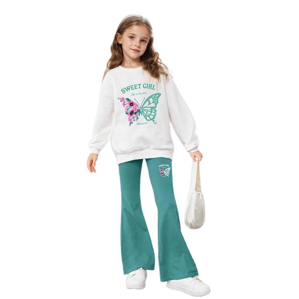 Комплект из 2 предметов для девочек, толстовка с длинными рукавами и принтом «бабочка» + расклешенные брюки, повседневный детский костюм на осень