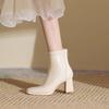 Leather High-heeled Short Boots for Women, Thick-heeled Martin Boots In Autumn and Winter, Square Head, White, Thin Boots.