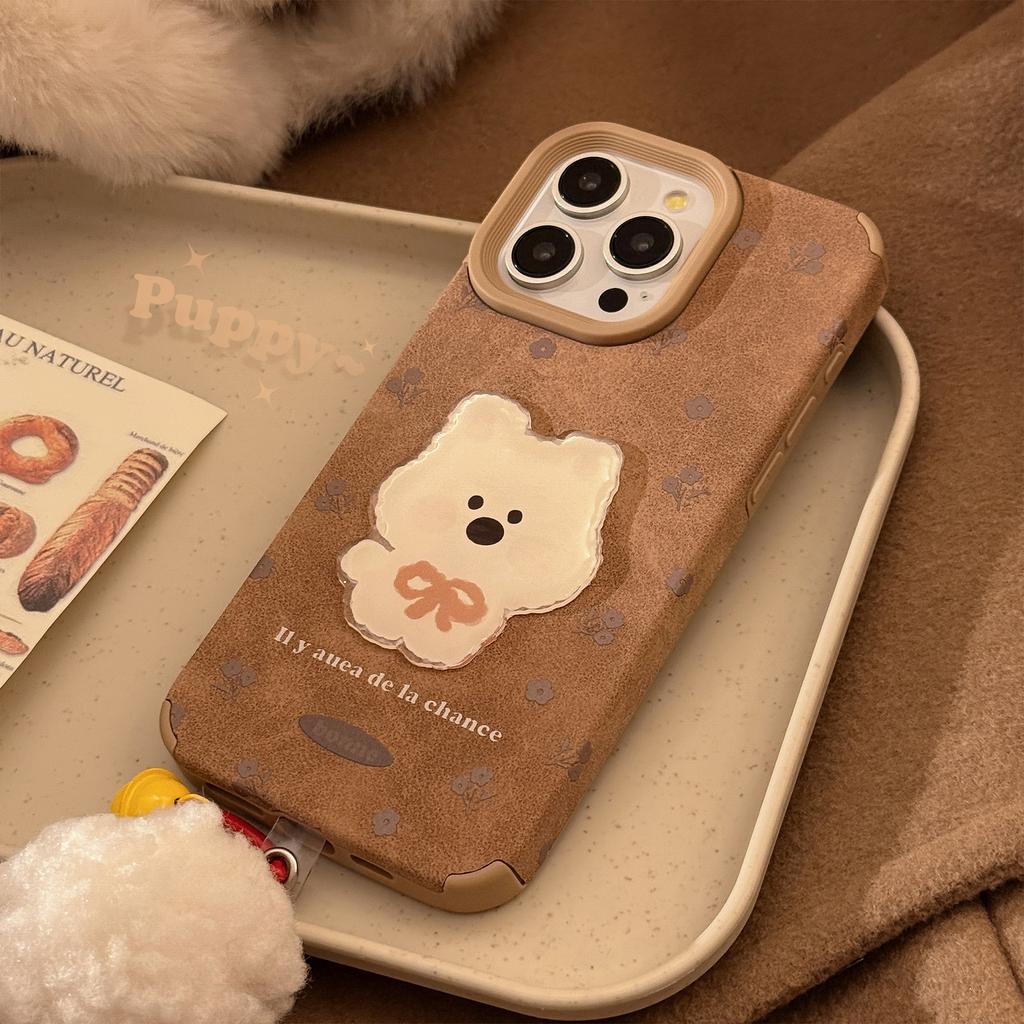 Трехмерная нашивка с щенком из коры для iPhone 16 Чехол для iPhone 17 Pro Max ретро 15 помпон 13