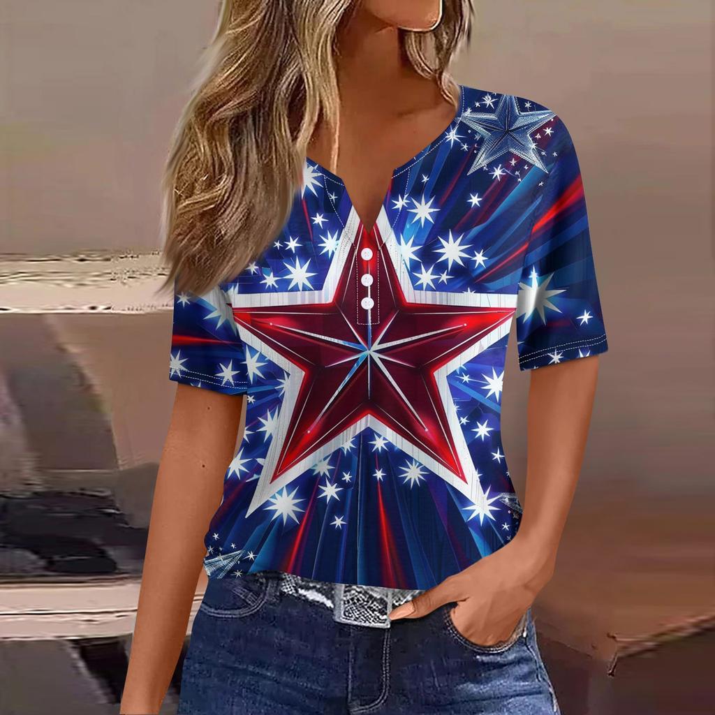 Жен. Футболка Футболка День независимости С принтом Пуговицы С короткими рукавами Повседневные Выходные Мода Классический Классический V-образный вырез Обычный Топ