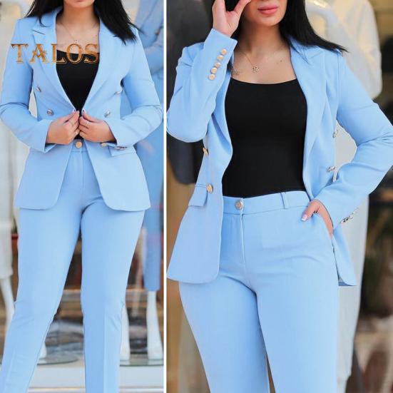 2 шт./комплект женский формальный пиджак брюки комплект с длинными рукавами двойные пуговицы узкий кардиган талия куртка средней длины прямые брюки с высокой талией формальный деловой