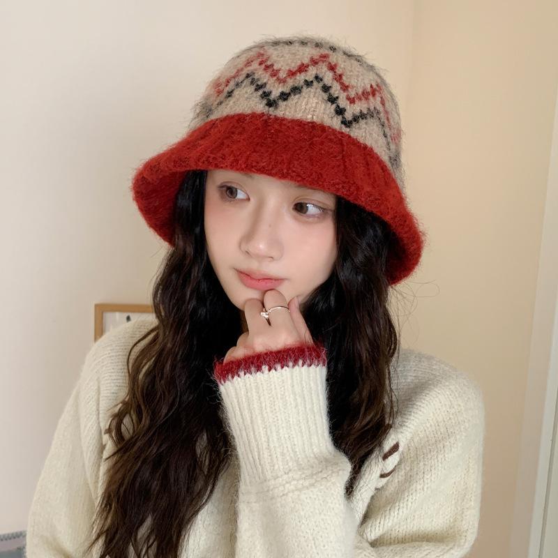 Vintage Fair Island knitted bucket hat women's new autumn and winter warm ear protector cold hat showing face small bucket hat