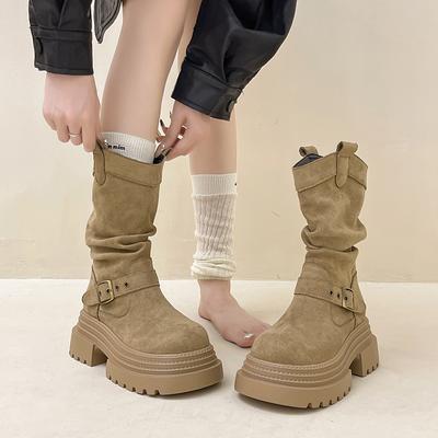 Замшевые короткие ботинки осень и зима ретро универсальные теплые ботинки с ворсом женские модные ботинки на толстой подошве с пряжкой-ремнем ботинки в рыцарском стиле