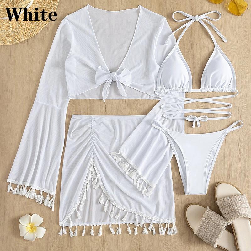 New Women's Split Four Piece Bikini Swimsuit Sexy Solid Lace Up Bikini Elegant Tassel Long Sleeve Fresh Beach Bikini