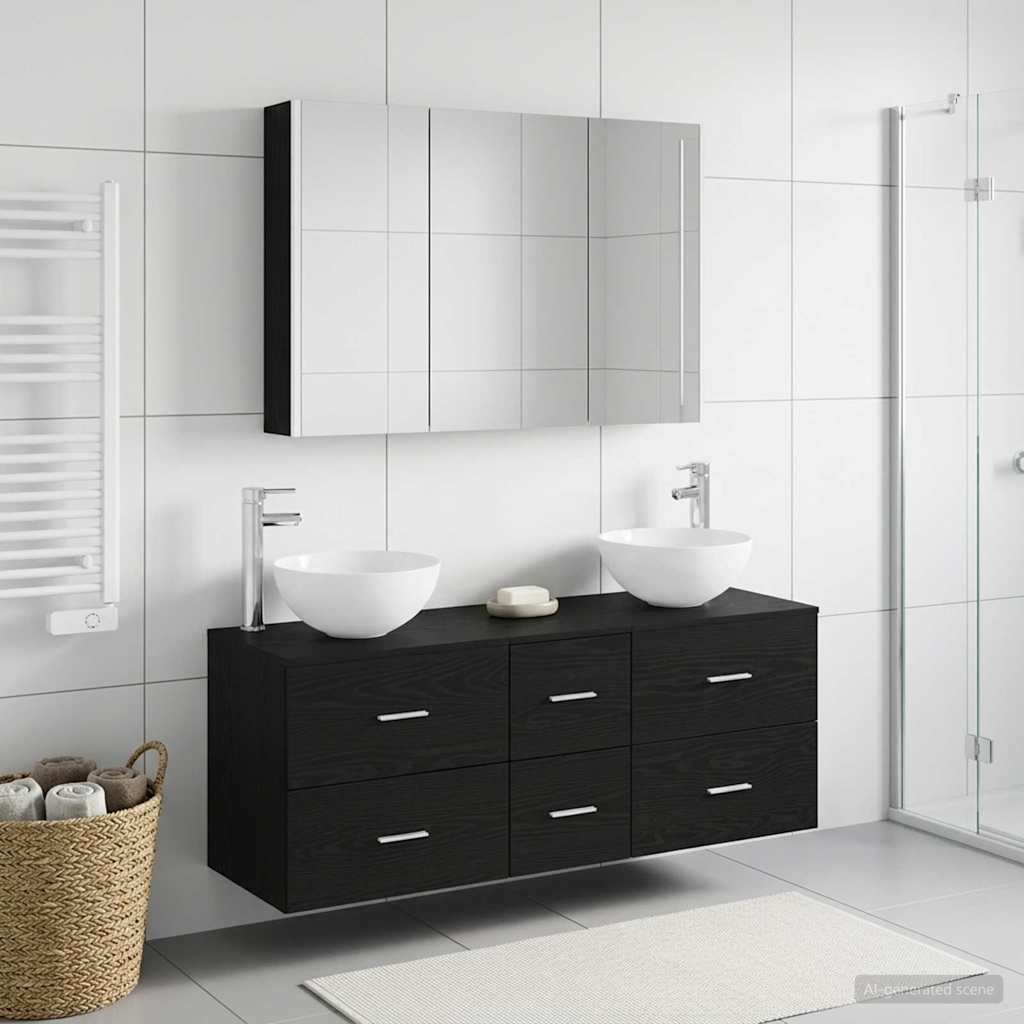 Bathroom Furniture Set 4 pcs Black Oak Engineered Wood and Glass