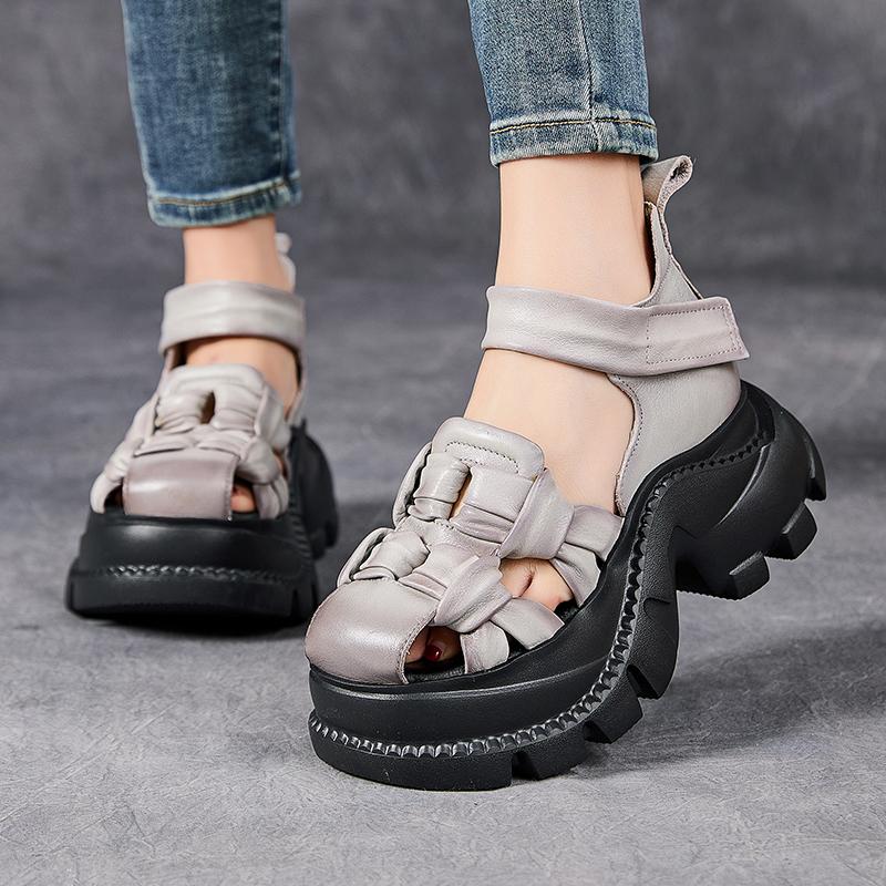 Fashion GKTINOO Closed Toe Thick Soled Sandals 2025 Summer New Retro Genuine Leather Comfortable Soft Sole Versatile Women's Shoes